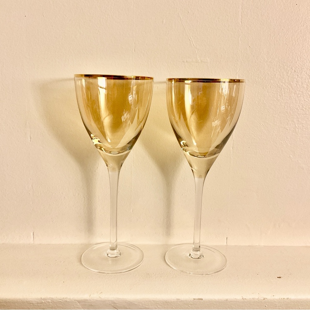 Anthropologie Gold Rim Iridescent Amber Wine Glasses 9.25” Set of 2 - Picture 2 of 6